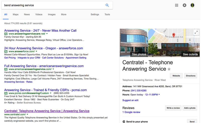 Image of Google Search Engine Results Page with local business information highlighted